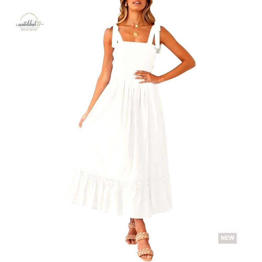 Summer Boho Maxi Dress Spaghetti Strap Square Neck Ruffle A-Line